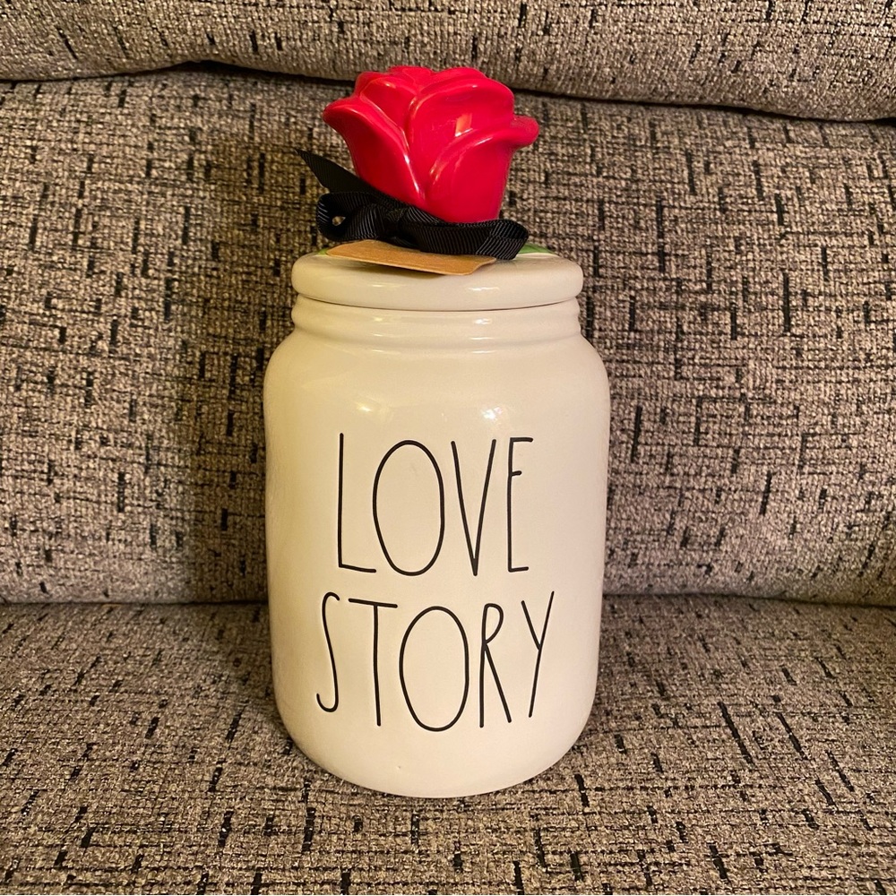 Rae Dunn White 'LOVE STORY' Ceramic Canister with Red Rose Lid Accent
